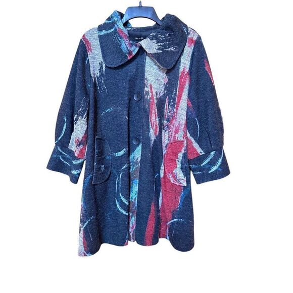 Damee Wearable Art Swing Coat Sz Large 3/4 Sleeves Collared 3 Buttons - Picture 1 of 7